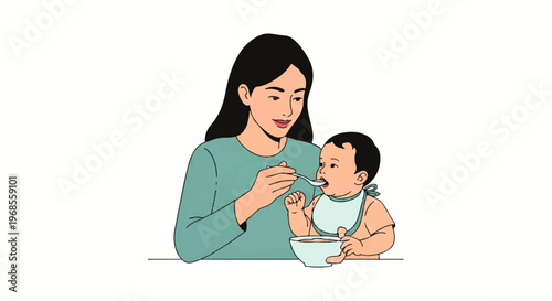 Vector flat design illustration of a mother feeding her baby with a spoon and bowl