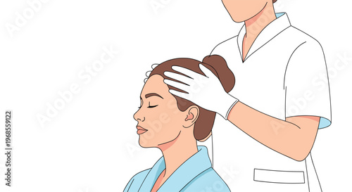 A woman with closed eyes is receiving a head massage from a therapist wearing gloves and a white uniform.