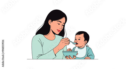 Vector flat design illustration of a mother feeding her baby with a spoon
