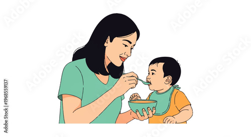 Vector flat design illustration of a mother feeding her baby with a spoon and bowl