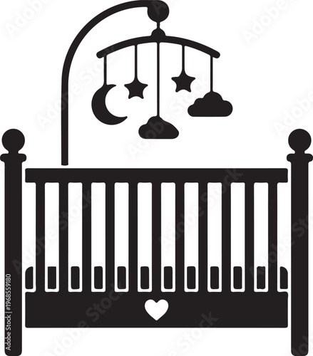 Baby crib with mobile - nursery, sleep, childhood, newborn icon vector graphic, black and white
