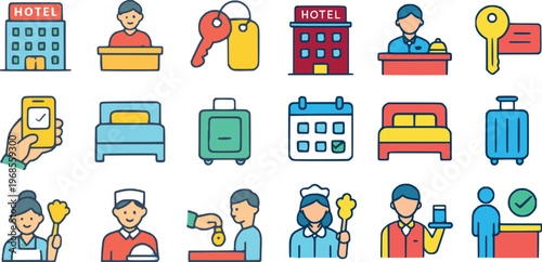 Hotel Accommodation Flat Icon Set, Hospitality Service and Travel Stay Vector