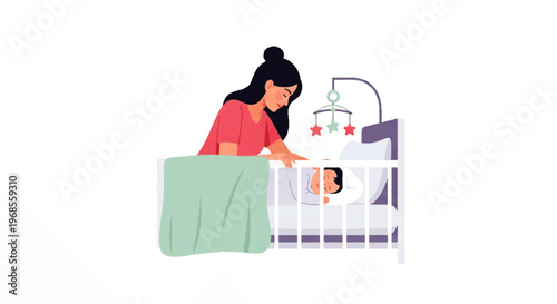 Vector flat design illustration of a mother gently tucking a baby into a crib at night