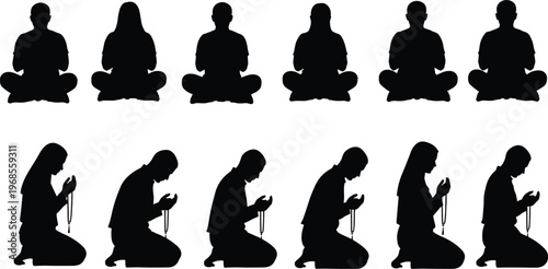 Black Silhouette Set of People Praying and Meditating, Muslim Men and Women in Prayer Positions with Tasbih Beads, Islamic Religious Worship