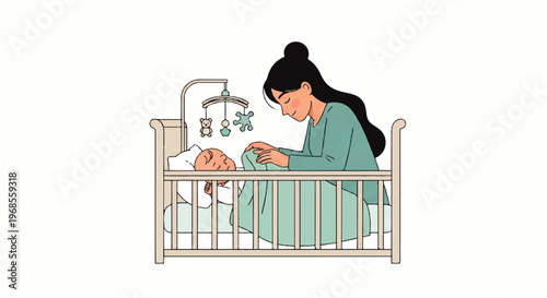 Vector flat design illustration of a mother gently touching her sleeping baby in a crib with mobile toys