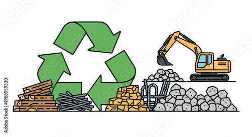 A green recycling symbol stands next to piles of construction waste with an excavator and a wheelbarrow on a white background.