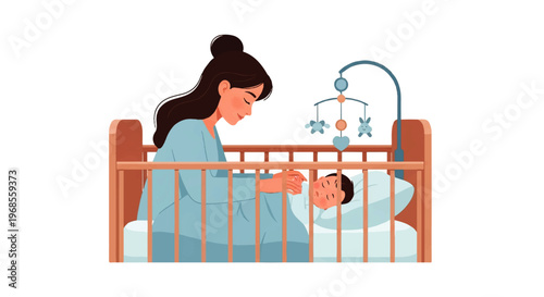 Vector flat design illustration of a mother gently watching her sleeping baby in a crib at night