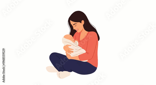 Vector flat design illustration of a mother sitting and breastfeeding her baby against a clean white background with a soft color palette.