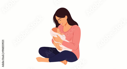 Vector flat design illustration of a woman sitting cross-legged while breastfeeding a baby against a clean white background.