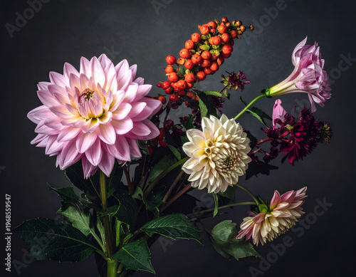 Artistic Floral Still Life with Dahlia, Berries and Wildflowers in Dramatic Low Key Lighting, Elegant Botanical Composition on Dark Background Showing Rich Colors, Texture and Natural Beauty