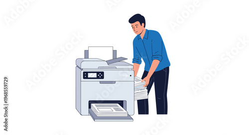 A man is loading a stack of blank paper into a large office printer with printed documents in the output tray.