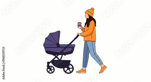 Vector flat design illustration of a woman pushing a baby stroller while holding a coffee cup, wearing casual winter clothing, on a clean white background with a minimalist style.