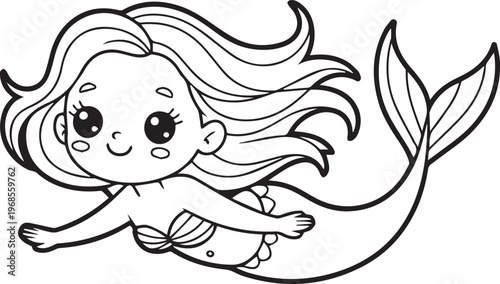 Happy cartoon mermaid swimming in ocean, flowing hair, tail, smiling, outline drawing for coloring book