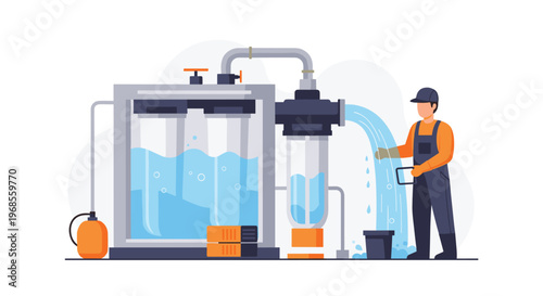 A worker is operating a water filtration system, directing purified water from an outlet into a bucket.