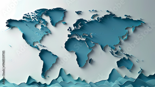 Stunning 3D paper cut world map rendered in layered shades of blue with wave-like ridges and ocean depth effect on a light background, representing global business and international expansion.