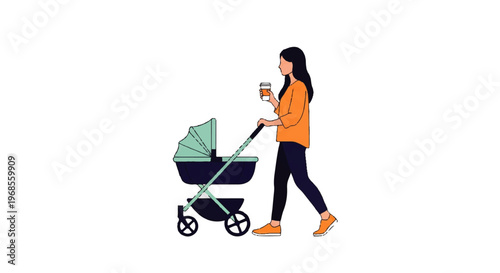 Vector flat design illustration of a young woman pushing a baby stroller while holding a coffee cup on a plain white background.