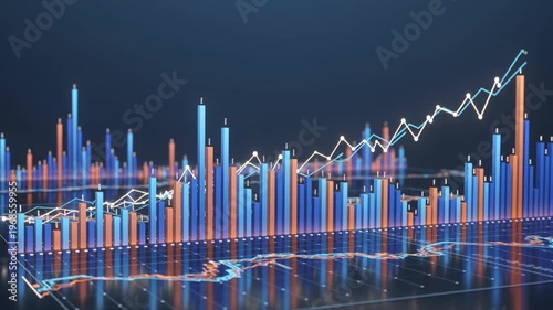 3D Financial Bar Graph and Rising Line Chart Showing Global Oil Price Increase and Energy Market Volatility on Dark Reflective Grid Background