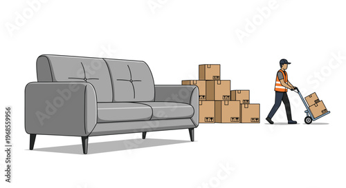 A grey two-seater sofa is in the foreground with a delivery worker pushing a hand truck of cardboard boxes in the background.