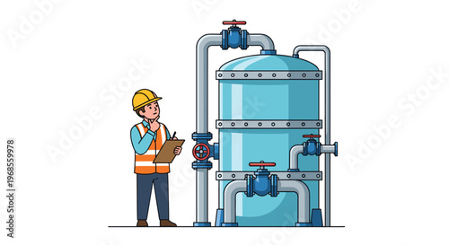 An engineer is inspecting a large blue industrial water tank with numerous pipes and red valves while holding a clipboard.