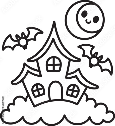 Haunted house with cute flying bats and happy moon over clouds isolated on transparent background line art vector