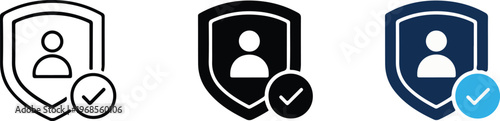 User security and protection icon with shield and check mark. Symbol of verified account, privacy and safe access. Ideal for cybersecurity, secure login, user verification and data protection concepts
