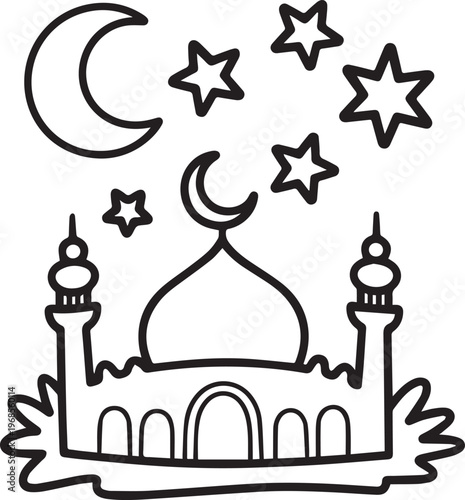 Mosque building with dome and minarets, crescent moon and stars, islamic illustration for Ramadan