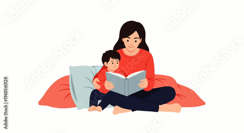 Vector flat design illustration of a mother and child reading a book together on a pile of pillows in a cozy, warm-toned setting.