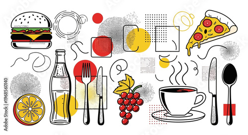 Restaurant Menu Collage Vector Set with Food and Drink Elements on White Background