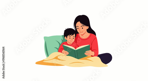 Vector flat design illustration of a woman reading a book with a child on a blanket in a cozy setting.