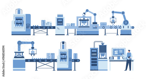 A complex automated manufacturing assembly line with robotic arms and conveyor belts is monitored by a worker at a control panel.