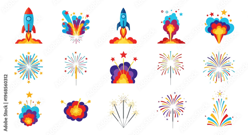 Obraz premium Vibrant collection of colorful fireworks and rocket launches, celebrating joy and festivities