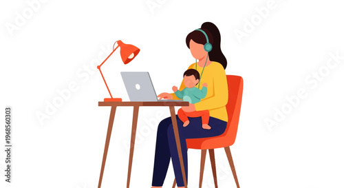 Vector flat design illustration of a woman sitting with a laptop on a desk and a lamp in a simple, colorful workspace.