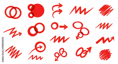 Set of red hand-drawn arrow icons and circle elements on a white background, ideal for graphic design