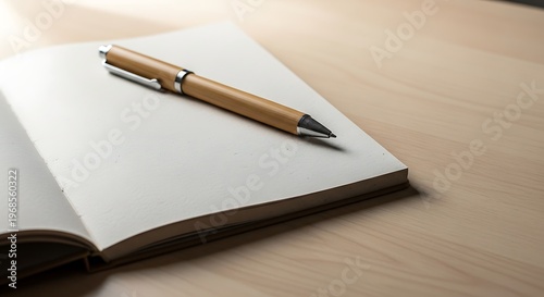 A sleek wooden pen rests upon an open writing pad inviting inspiration and the commencement of thoughtful ideas perfect for conceptualizing creative projects and recording daily musings with a