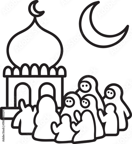 People gather at mosque under crescent moon line drawing black outlines isolated on transparent background vector