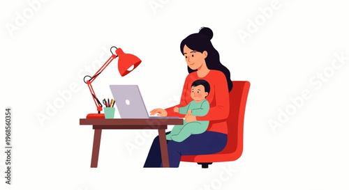 Vector flat design illustration of a woman working on a laptop with a baby on her lap, sitting in a red chair at a wooden desk with a red lamp, conveying a warm and cozy home office