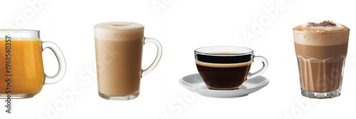 Four types of coffee drinks on white background glass