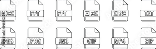 Diverse File Format Icon Set, Vector Illustration of Document Types Including PDF, DOC, XLS, PPT, JPG, PNG, MP4, and CSV for Data Storage, Digital Files, and UI Design