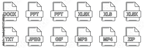 Diverse File Format Icon Set, Vector Illustration of Document Types Including PDF, DOC, XLS, PPT, JPG, PNG, MP4, and CSV for Data Storage, Digital Files, and UI Design