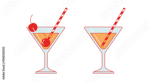 Minimalist vector illustration of two elegant cocktails in martini glasses, one with cherries and both with striped straws, perfect for summer drink menus