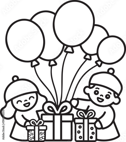Two kids with balloons and presents a joyful celebration of birthday party or holiday event