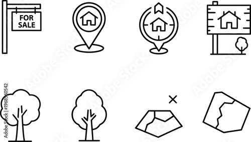 Real Estate Map and Property Listing Line Icon Set with For Sale Sign, Location Pin, House Pointer, and Land Lot