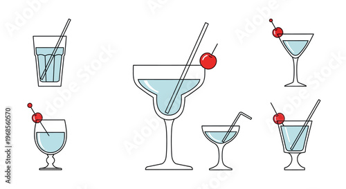 Collection of refreshing cocktail illustrations featuring diverse drink glasses with straws and garnishes, ideal for menus, bar designs, or festive event graphics