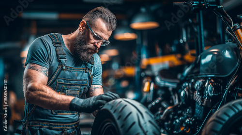 Motorcycle mechanic inspecting tire in workshop, maintenance and repair concept