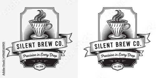 Silent Brew Co Precision Coffee Logo with Pour Over Dripper and Steaming Cup