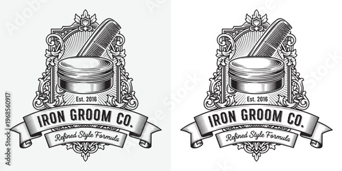 Iron Groom Co Vintage Barbershop Logo with Hair Pomade Tin and Comb Ornament