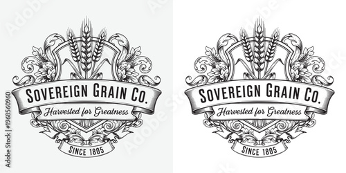 Sovereign Grain Co Vintage Agricultural Logo with Wheat Stalks and Royal Heraldry