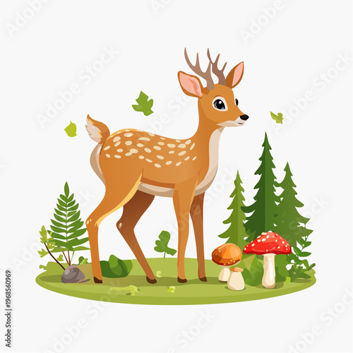 Rehkitz im Wald mit Pilzen – Detailreiche Szene
