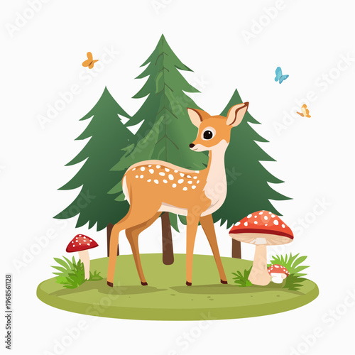 Rehkitz im Wald mit Pilzen – Detailreiche Szene