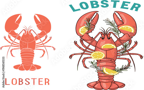 Red lobster vector illustration set with detailed seafood graphics including lemon slices and rosemary herbs for restaurant menus, kitchen decor, and gourmet food labels.